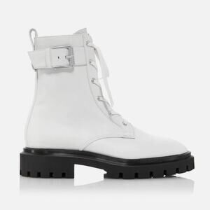 Stuart Weitzman 1" White Platform Toe Block Heel Leather Combat Boot Size 6 NWOB